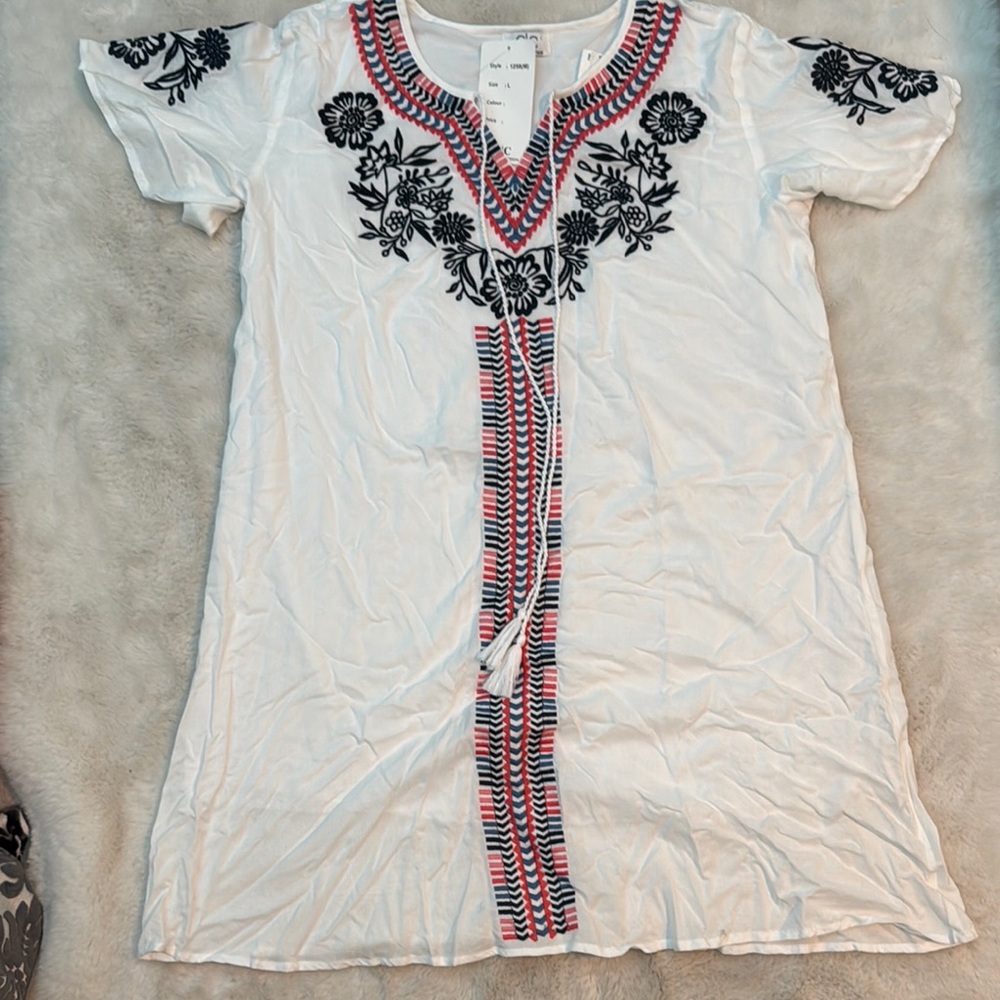 NWT Embroidered Colorful Women's White Dress/Cover Up